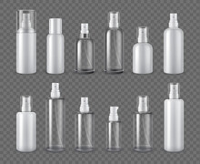 Spray Bottles. Realistic Cosmetic Aerosol, Deodorant Or Sprayer Clear Bottle Package Mockups. 3d Plastic Cream Dispenser With Cap Vector Set