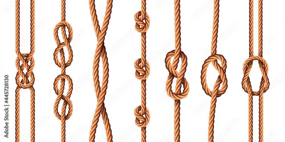 Nautical knots. Realistic ropes with sailor or scout knot types. Tied marine jute cords with loops. Bended cartoon hemp threads vector set - obrazy, fototapety, plakaty 