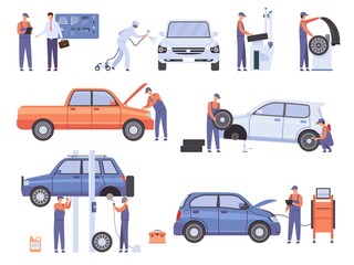 Poster - car repair service workers. mechanic in automobile workshop change wheels and fix damage vehicle. ca