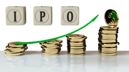 Green arrow pointing upwards lies on pillars of gold-plated coins with a dollar sign on the background of cubes with the inscription IPO. 3D rendering. Blank for design. Success concept. Isolated.