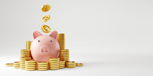 Pink Piggy Bank And Heap Of US Dollar Gold Coins Falling On Pink Background For Money Saving And Deposit Concept , Creative Ideas By 3D Rendering Technique.