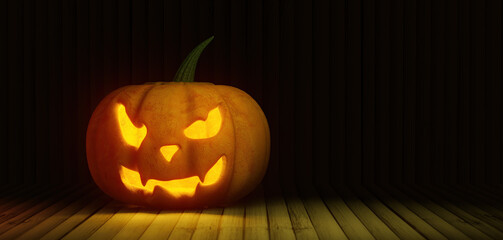 Wall Mural - Halloween banner with pumpkin decoration on dark background and copy space. 3d rendering illustration