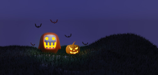 Wall Mural - Halloween banner with pumpkin decoration on dark background and copy space. 3d rendering illustration