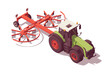 Isometric tractor with agricultural equipment set. Isolated low poly green tractor with red rotary rake on white backgroung. Vector illustrator. Collection