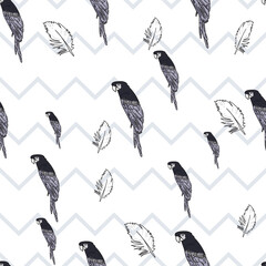 Wall Mural - Vector white background tropical birds, parrots, macaw, exotic cockatoo birds. Seamless pattern background