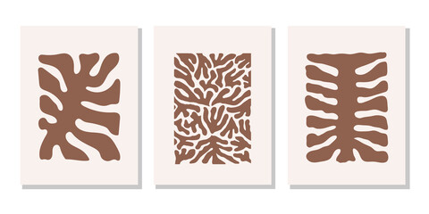 Poster -  Modern set posters with abstract brown organic shapes. Contemporary minimal wall art decor. Matisse vector prints