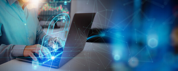 Leinwandbilder - Cyber security and data protection. Businessman using laptop computer protecting business and financial data with virtual network connection. Innovation technology develop.