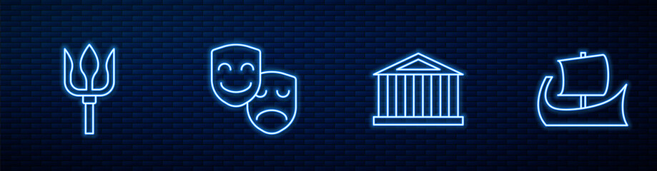 Set line Parthenon, Neptune Trident, Comedy and tragedy masks and Greek trireme. Glowing neon icon on brick wall. Vector