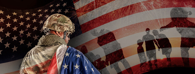 US Soldier in combat uniforms holding the national flag across the shoulder, Double exposure with American flag and Silhouette of family happy, Veterans Day, Patriot concept, Independence Day, ID4