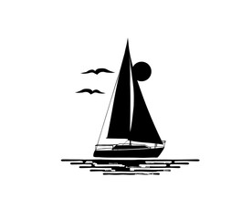 Black and white illustration of sailing boat isolated on white background. Water, birds, sun, silhouettes. Logo.