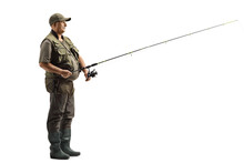 Full Length Profile Shot Of A Fisherman With A Fishing Rod