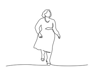 Fat woman walking. Continuous one line drawing.