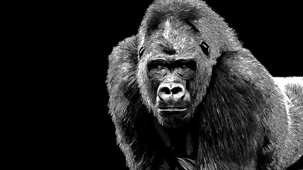 Wall Mural - Black and white portrait of a gorilla done with digital pen and ink wash isolated on a black background