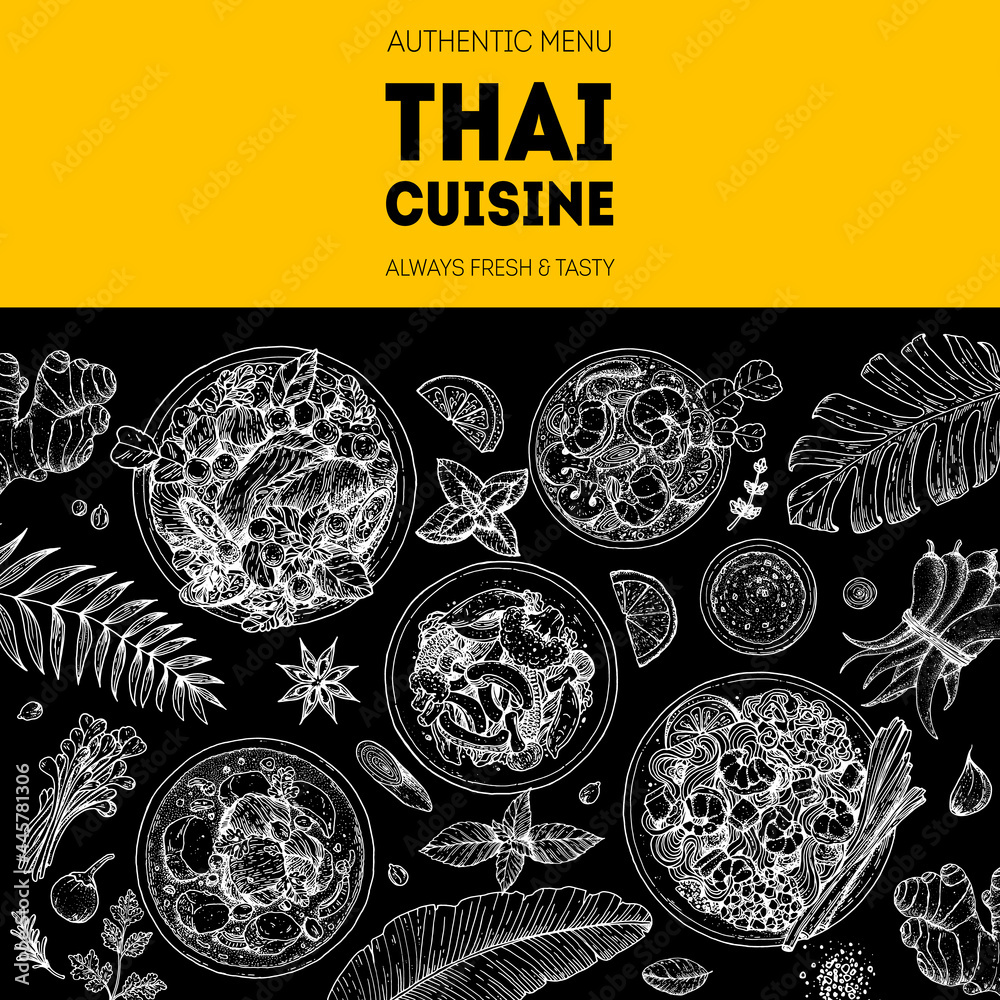 Thai food top view vector illustration. Food menu design template. Hand ...