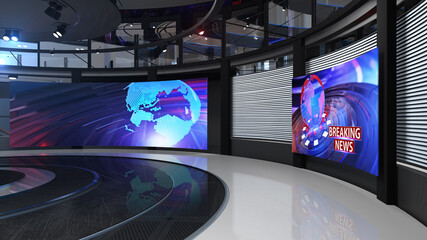 Wall Mural - 3D Virtual TV Studio News, Backdrop For TV Shows .TV On Wall.3D Virtual News Studio Background,3d illustration 