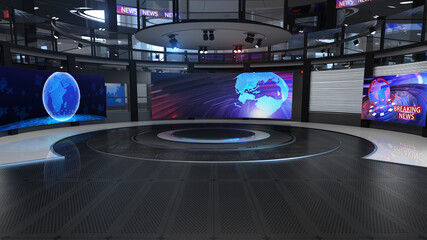 Wall Mural - 3D Virtual TV Studio News, Backdrop For TV Shows .TV On Wall.3D Virtual News Studio Background,3d illustration 