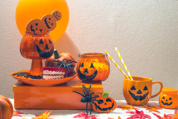 Wall Mural - horror spooky funny ghost in halloween on holiday season greeting night celebration party with toy prop decoration and trick or treat autumn october festival and jack-o-lantern concept