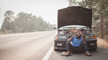 Stress African Man Calling For Assistance Or Insurance With His Car Broken Down By The Roadside