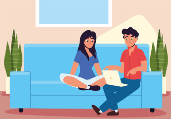 Sticker - couple using laptop on sofa