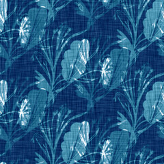 Wall Mural - Cyanotypes blue white botanical linen texture. Faux photographic leaf sun print effect for trendy out of focus fashion swatch. Mono print foliage in 2 tone color. High resolution repeat tile. 