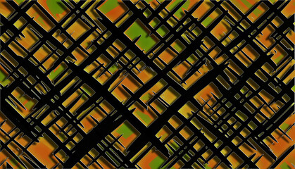 Poster - Abstract 3D pattern of intersecting diagonal black paint strokes on an orange and green background
