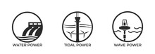 Water Energy Round Icon Set. Tidal, Wave And Hydroelectric Power. Environment, Sustainable And Renewable Energy Symbols