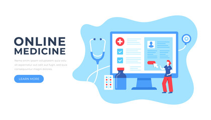 Online medicine. Doctor and computer with medical website on screen, pills and stethoscope. Digital medicine, medical technology, medtech, online doctor concepts. Flat design. Vector illustration