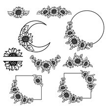 Frame, Borders And Designs Elements With Sunflowers Or Daisy Flowers On White Background. Vector Illustrations Set.