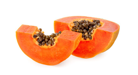 Wall Mural - whole and half of ripe papaya fruit with seeds isolated on white background