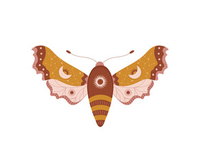 Wall Mural - Boho butterfly. Insect with celestial elements. Witch and magic symbol. Abstract hand drawn moth. Vector illustration in bohemian style.