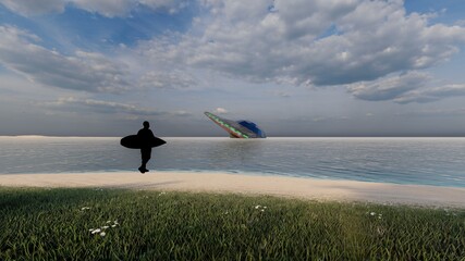 Sticker - crash ufo at beach