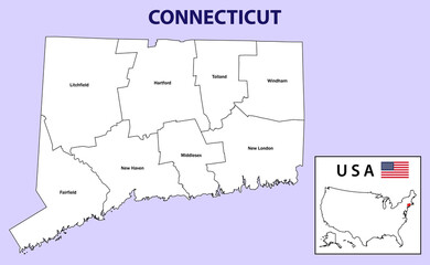 Naklejka na meble Connecticut map. District map of Connecticut in White color. District map with USA.