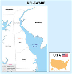  Delaware Map. State and district map of Delaware. Administrative and political map of Delaware with neighboring countries and border in white color.