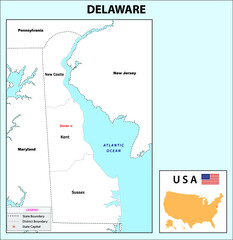  Delaware Map. State and district map of Delaware. Administrative and political map of Delaware with neighboring countries and border in white color.