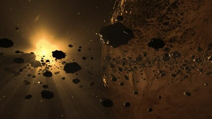 Wall Mural - asteroids in space. computer generated footage of the asteroid belt with planet and bright sunlight 