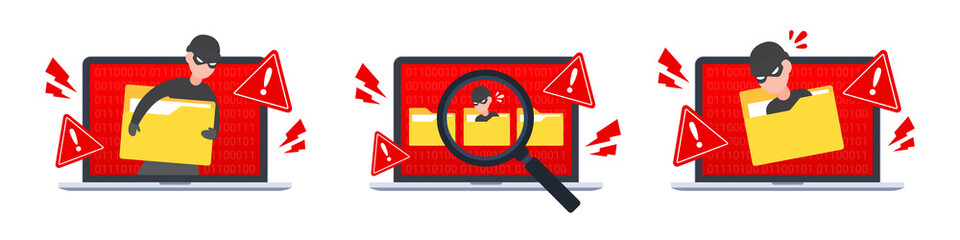 Fototapete - Collection of computer hacking icon. Emergency alert of threat by malware, trojan, or hacker. Data breach or identity theft. Creative antivirus or cybercrime concept. Flat style vector illustration.
