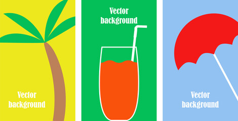 Set of summer banners. Palm, glass of juice with straw, umbrella. Minimalistic colourful templates for poster, sale, social media, web, promo, presentation, brochure, flyer. Flat bright design