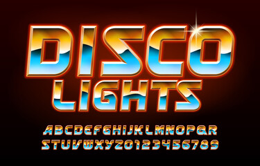Poster - disco lights alphabet font. glowing letters and numbers in 80s style. stock vector typeface for your