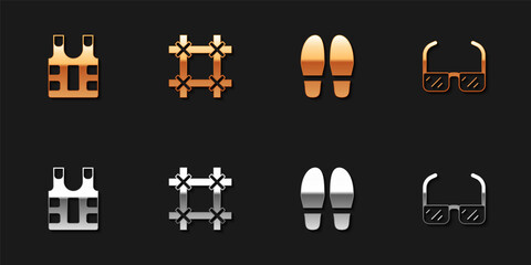 Sticker - Set Bulletproof vest, Prison window, Footsteps and Safety goggle glasses icon. Vector