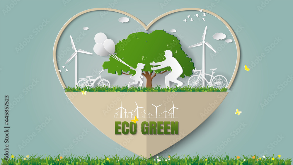 Paper folding art origami style vector illustration Sustainable green energy ecology concepts good environment in heart frame, girl are running and holding balloons to her dad in meadow - obrazy, fototapety, plakaty 