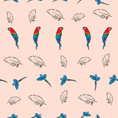 Poster - Vector pink background tropical birds, parrots, macaw, exotic cockatoo birds. Seamless pattern background