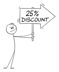 Poster - Person or Businessman Holding 25 or Twenty-five Percent Discount Arrow Sign and Pointing at Something, Vector Cartoon Stick Figure Illustration