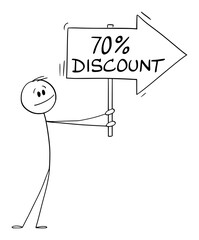 Poster - Person or Businessman Holding 70 or Seventy Percent Discount Arrow Sign and Pointing at Something, Vector Cartoon Stick Figure Illustration