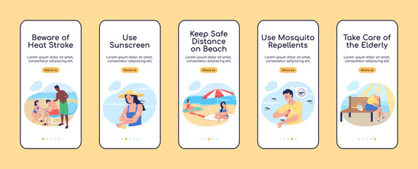 Poster - summer rest safety tips onboarding mobile app screen flat vector template. walkthrough website 5 ste