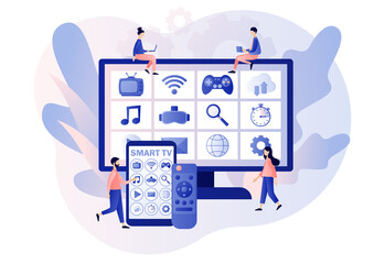 Poster - Smart TV, remote controland and menu in smartphone app. Tiny people watch video, content, applications on multimedia box tv. Modern television technology.Modern flat cartoon style. Vector illustration