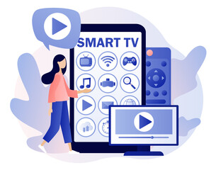 Poster - Menu Smart TV in smartphone app. Tiny woman watch video, content, applications on multimedia box tv. Modern television technology. Modern flat cartoon style. Vector illustration on white background