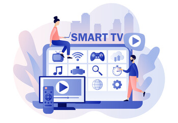 Poster - Menu Smart TV on laptop. Tiny people watch video, content, applications on multimedia box tv. Modern television technology. Modern flat cartoon style. Vector illustration on white background
