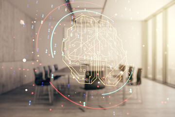 Poster - Double exposure of creative artificial Intelligence interface on a modern meeting room background. Neural networks and machine learning concept