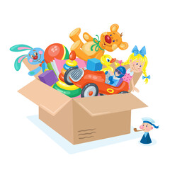 Poster - A large box with children's toys. Teddy bear, doll, car, bunny, pyramid, ball, rubber duck, books, cubes and others. In cartoon style. Isolated on white background. Vector illustration 