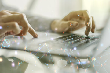 Aufkleber - Double exposure of technology hologram and hands typing on laptop on background. Research and development software concept